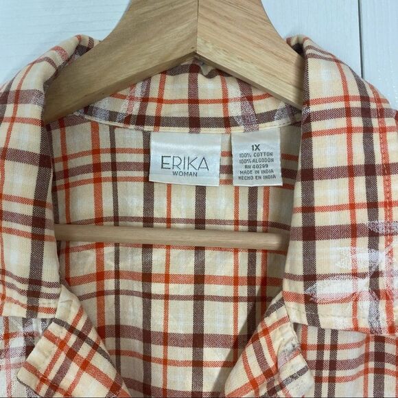 Erika Plaid Cotton Button up Orange Brown Beige Short Sleeve Shirt… - Picture 8 of 8